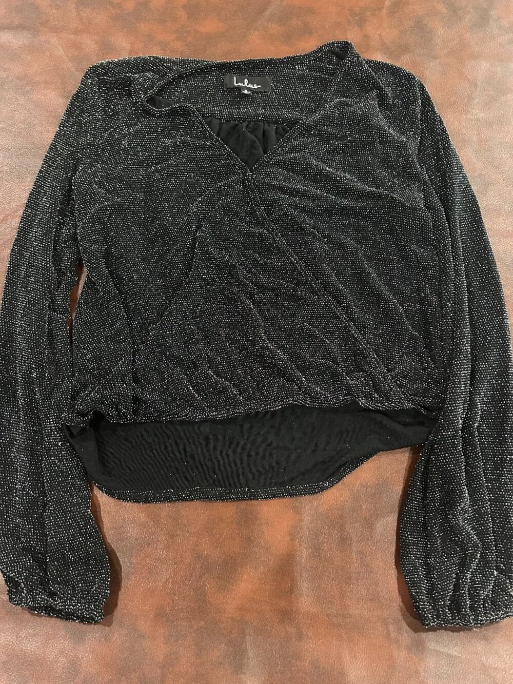 Lulus Black Silver Metallic Sparkle Wrap Top Size Small